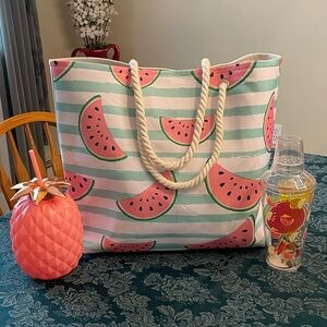 Green & White striped Watermelon Beach Bag w/ Pineapple, Shaker & Accessories